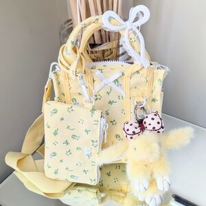 New MADDEN GIRL RARE Yellow Floral Mini Tote Bag + Pouch + Clip + Bunny Charm